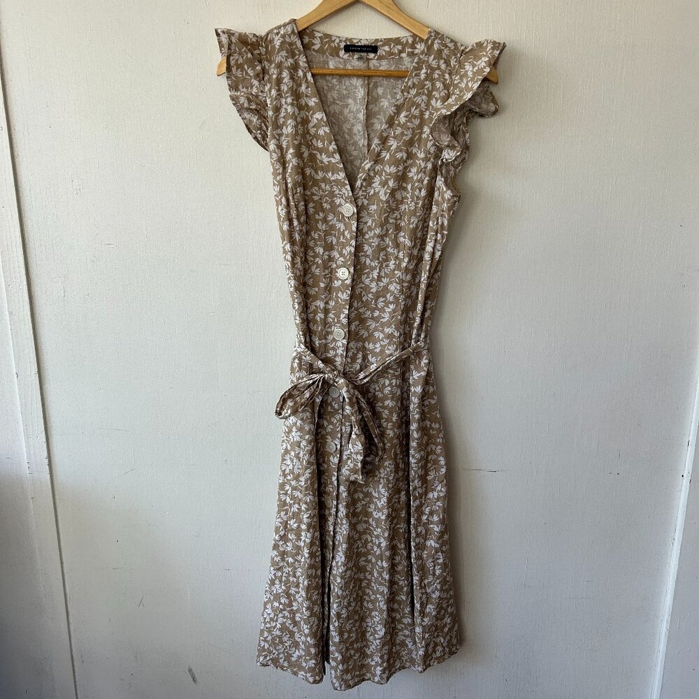 Tommy Hilfiger Cottagecore Midi Dress Womens 10 Linen Blend Tan Floral Y2K